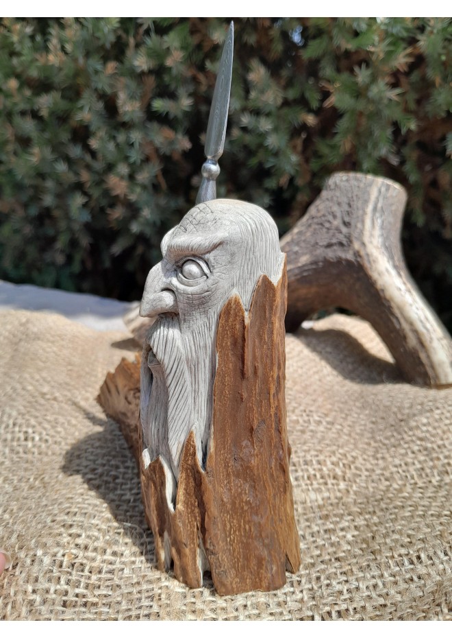 Exclusive hand-carved Scandinavian "God Odin with a spear" statue. Figurine of Odin. Óðinn sculpture. Moose antlers hand-carved 