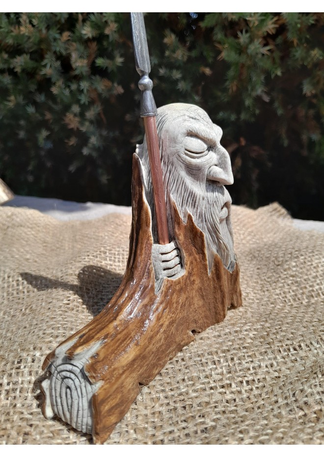 Exclusive hand-carved Scandinavian "God Odin with a spear" statue. Figurine of Odin. Óðinn sculpture. Moose antlers hand-carved 