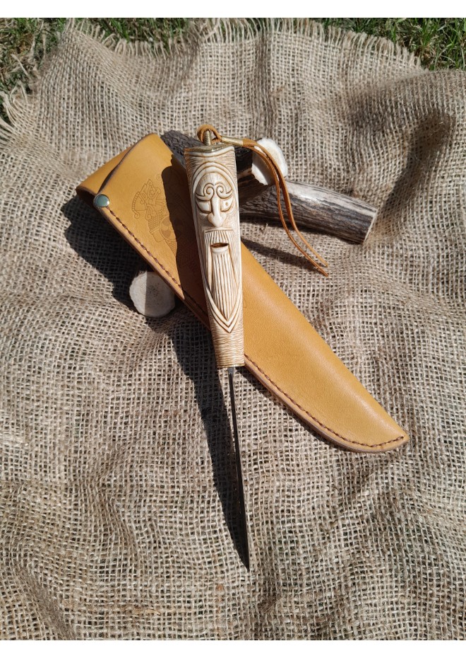 Norse knife "God Odin". Viking rune knife. Leather sheath and antler carved handle.