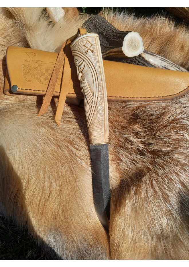 Norse knife "God Odin". Viking rune knife. Leather sheath and antler carved handle.