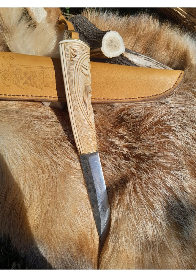 Norse knife "God Odin". Viking rune knife. Leather sheath and antler carved handle.