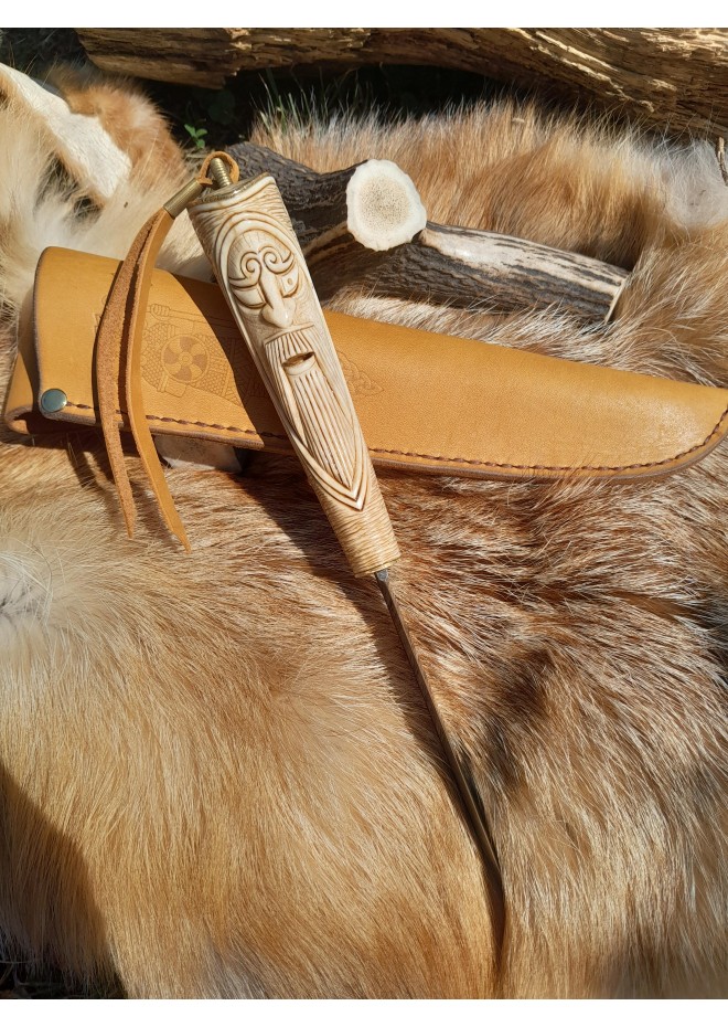 Norse knife "God Odin". Viking rune knife. Leather sheath and antler carved handle.