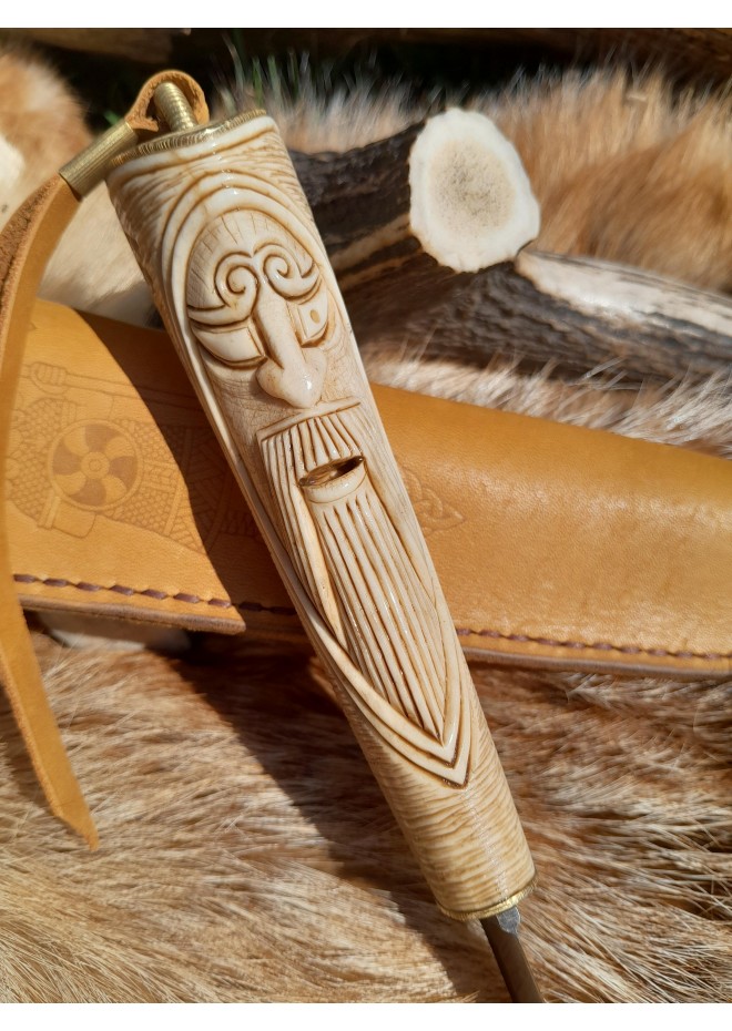 Norse knife "God Odin". Viking rune knife. Leather sheath and antler carved handle.