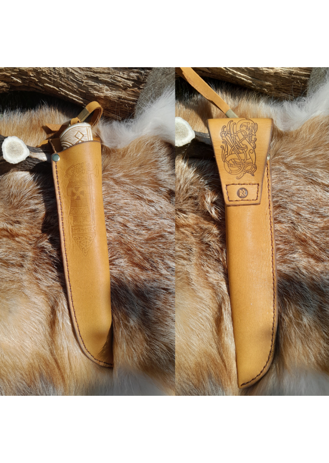 Norse knife "God Odin". Viking rune knife. Leather sheath and antler carved handle.