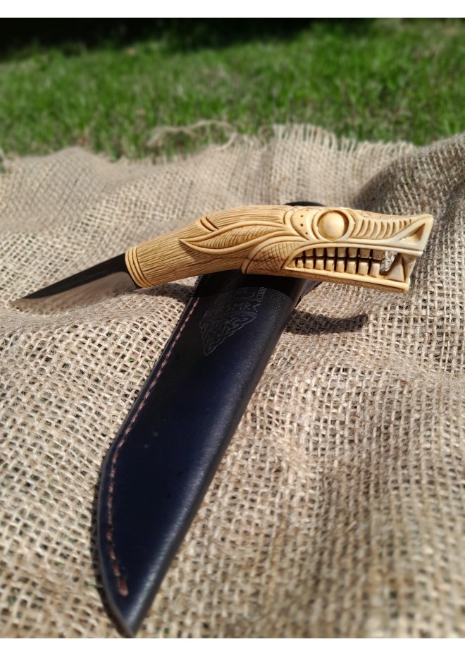 Handmade Vikings knife "Wolf" with leather sheath. Antler hand-carved handle. Carbon steel blade