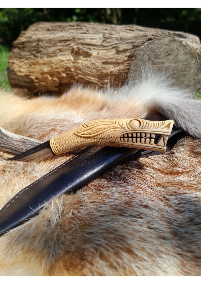 Handmade Vikings knife "Wolf" with leather sheath. Antler hand-carved handle. Carbon steel blade