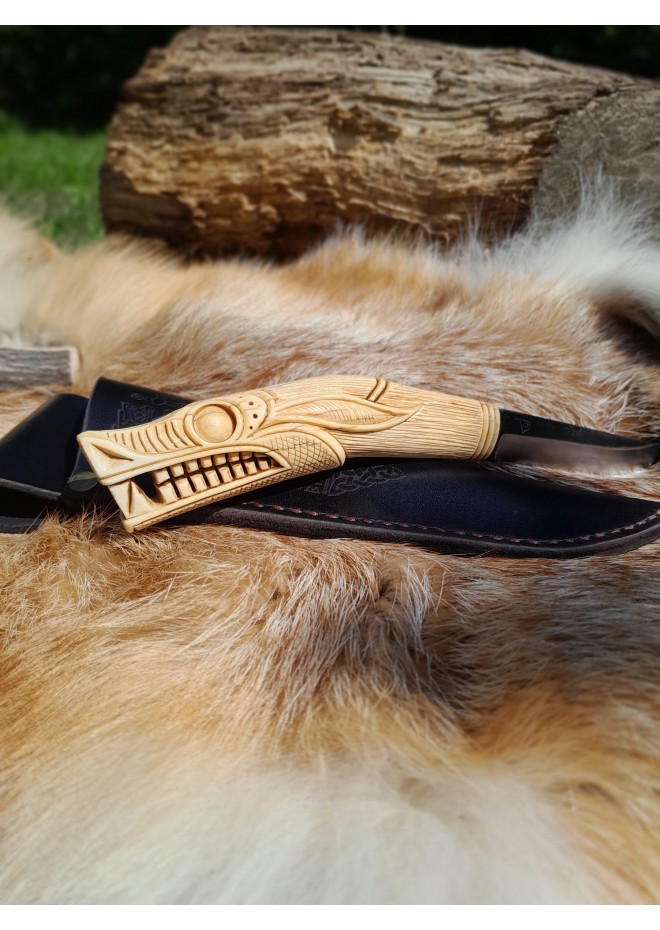 Handmade Vikings knife "Wolf" with leather sheath. Antler hand-carved handle. Carbon steel blade