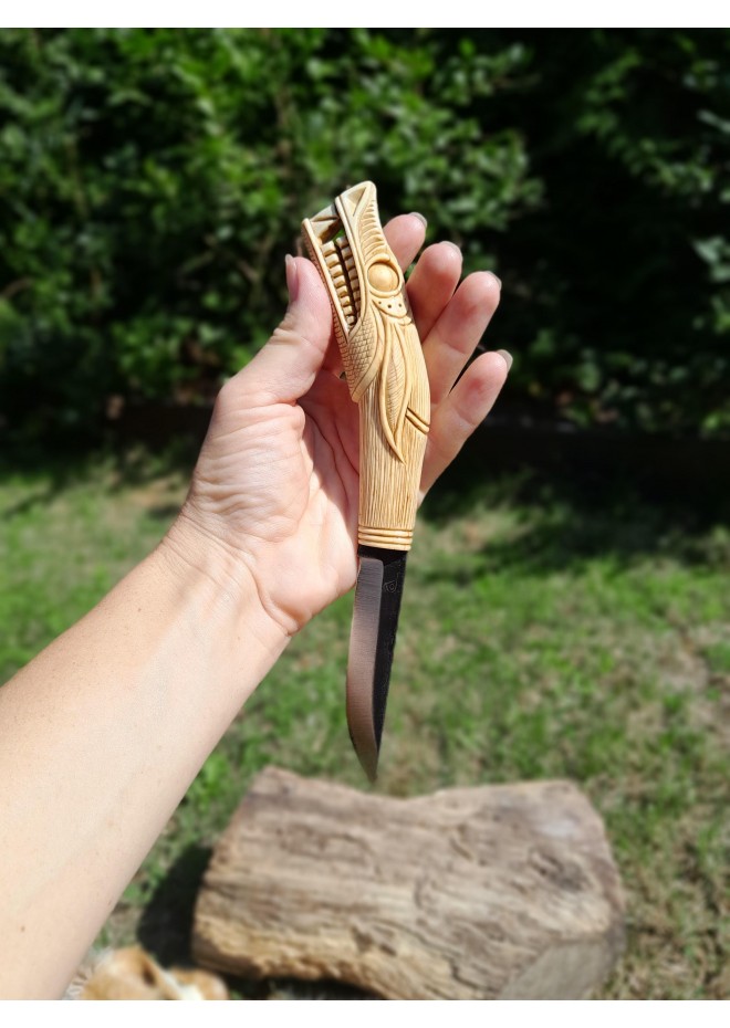 Handmade Vikings knife "Wolf" with leather sheath. Antler hand-carved handle. Carbon steel blade