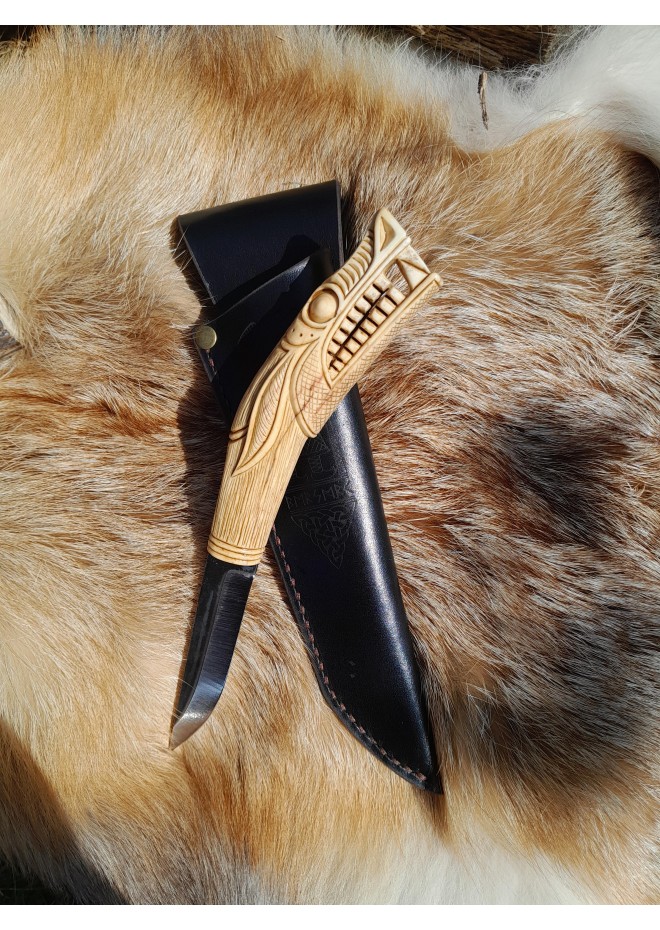 Handmade Vikings knife "Wolf" with leather sheath. Antler hand-carved handle. Carbon steel blade