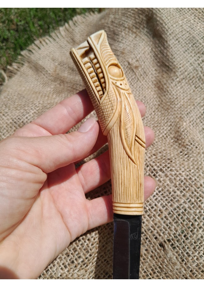 Handmade Vikings knife "Wolf" with leather sheath. Antler hand-carved handle. Carbon steel blade