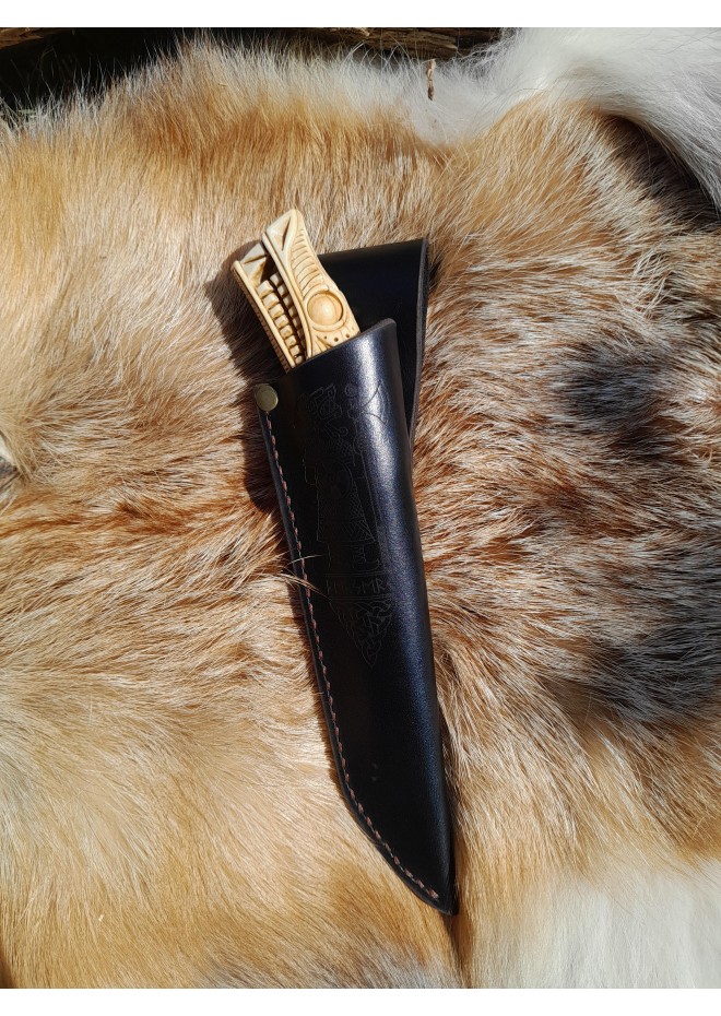 Handmade Vikings knife "Wolf" with leather sheath. Antler hand-carved handle. Carbon steel blade