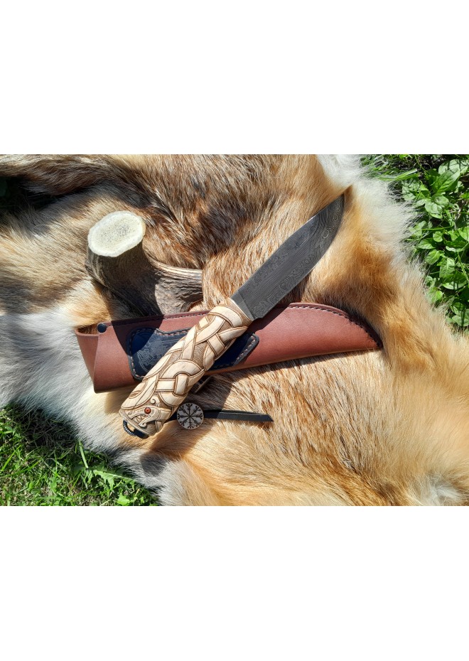 Premium designer, collectible handmade knife "Jörmungandr". Norse style. Damascus steel. Hand-carved antler handle with Dragon knotwork.