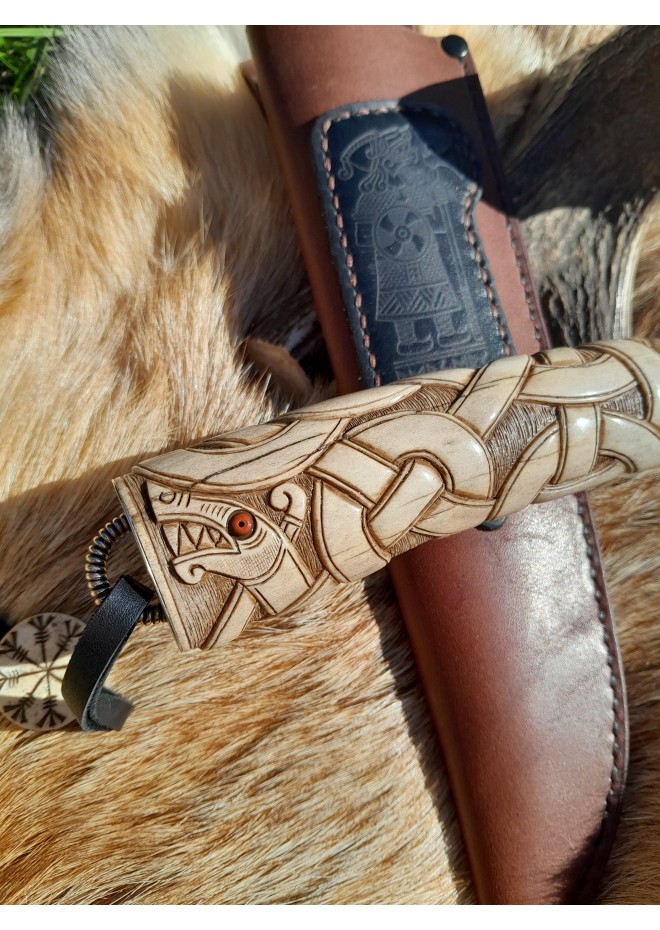 Premium designer, collectible handmade knife "Jörmungandr". Norse style. Damascus steel. Hand-carved antler handle with Dragon knotwork.