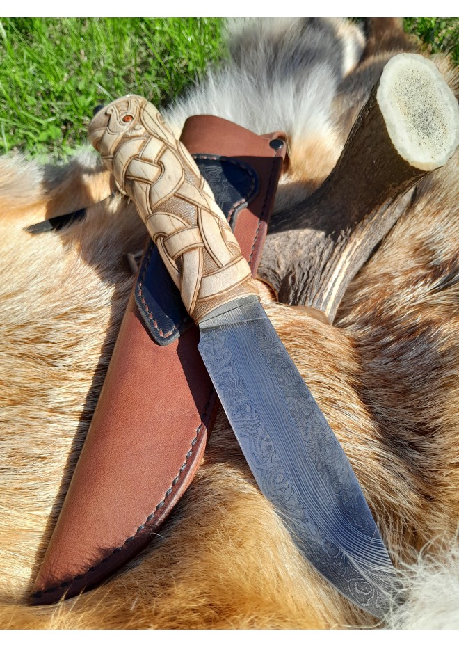 Premium designer, collectible handmade knife "Jörmungandr". Norse style. Damascus steel. Hand-carved antler handle with Dragon knotwork.