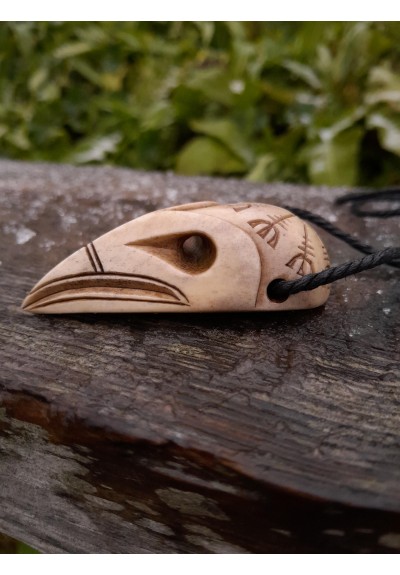 Unique Viking Raven skull amulet with Aegishjalmur symbol or Helm of Awe. Hand-carved antlers