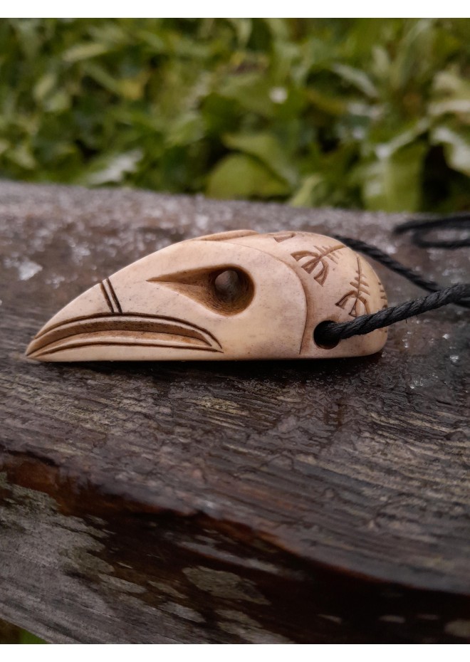 Viking Raven skull amulet with Aegishjalmur symbol or Helm of Awe. Norse, pagan jewelry. God Odin's raven. The Allfather - hand-carved