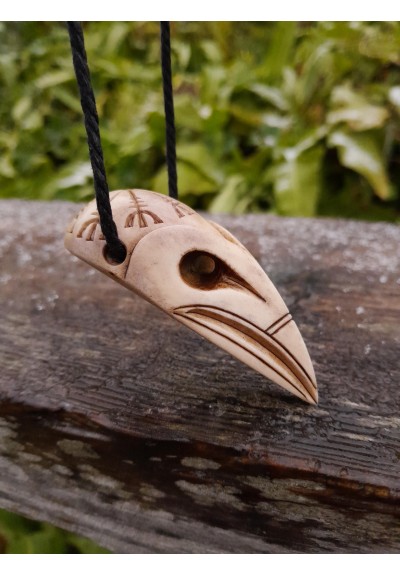 Unique Viking Raven skull amulet with Aegishjalmur symbol or Helm of Awe. Hand-carved antlers