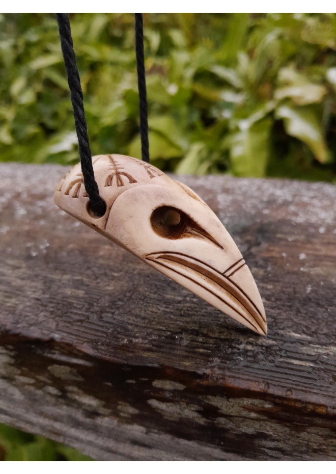 Viking Raven skull amulet with Aegishjalmur symbol or Helm of Awe. Norse, pagan jewelry. God Odin's raven. The Allfather - hand-carved