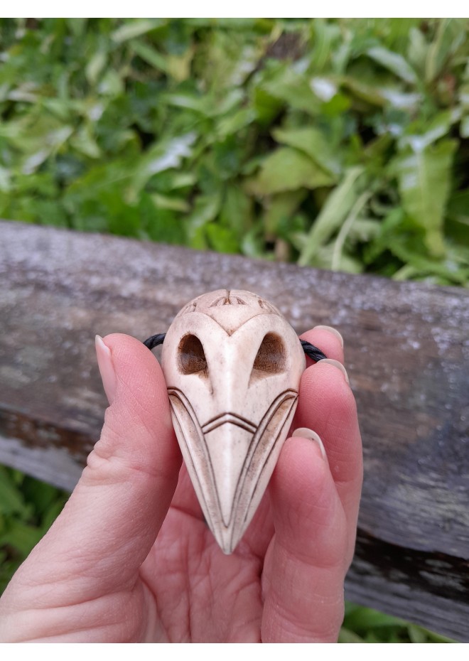 Viking Raven skull amulet with Aegishjalmur symbol or Helm of Awe. Norse, pagan jewelry. God Odin's raven. The Allfather - hand-carved