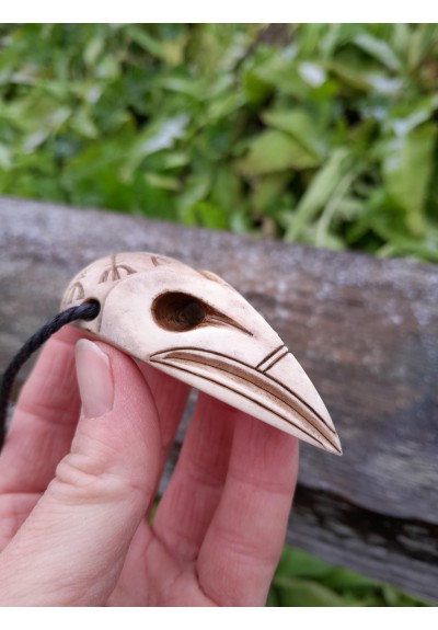 Unique Viking Raven skull amulet with Aegishjalmur symbol or Helm of Awe. Hand-carved antlers