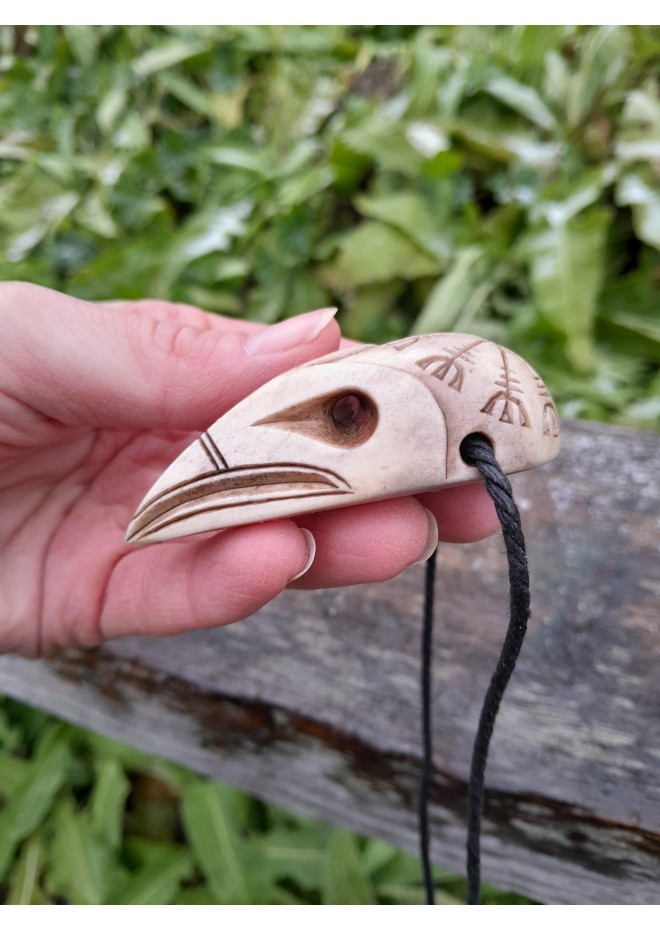 Viking Raven skull amulet with Aegishjalmur symbol or Helm of Awe. Norse, pagan jewelry. God Odin's raven. The Allfather - hand-carved