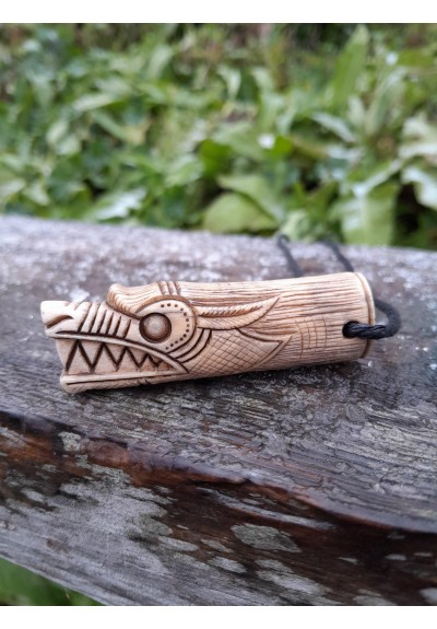 Viking Wolf amulet. Fenrir. Berserker necklace with Algiz rune. Hand-carved