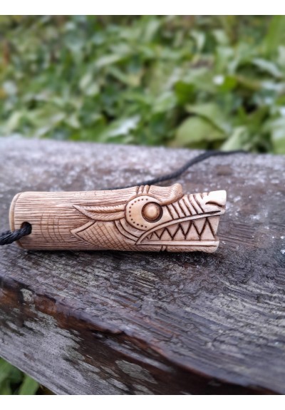 Viking Wolf amulet. Fenrir. Berserker necklace with Algiz rune. Hand-carved