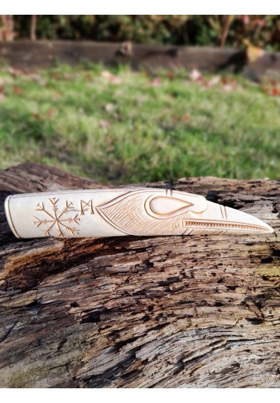 Runic knife handle "Raven". Viking or Norse style. Odin’s Raven head with Helm of Awe symbol - Hand carved