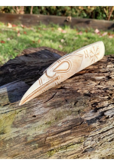 Runic knife handle "Raven". Viking or Norse style. Odin’s Raven head with Helm of Awe symbol - Hand carved