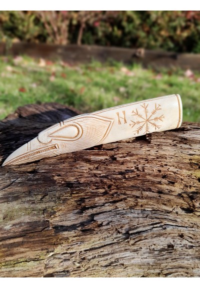 Runic knife handle "Raven". Viking or Norse style. Odin’s Raven head with Helm of Awe symbol - Hand carved