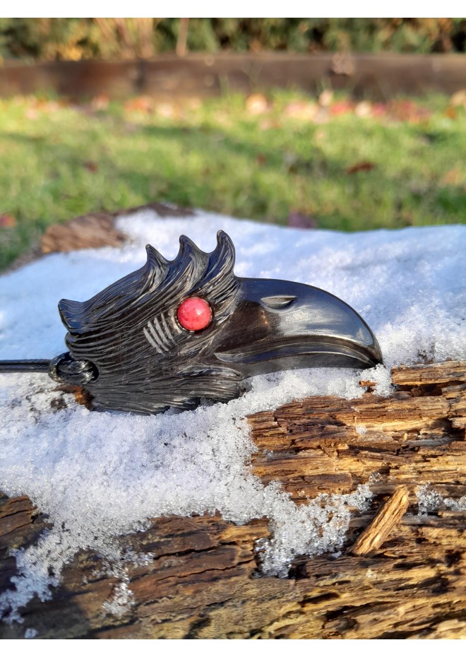 Scandinavian amulet: black raven with red eye and Algiz rune