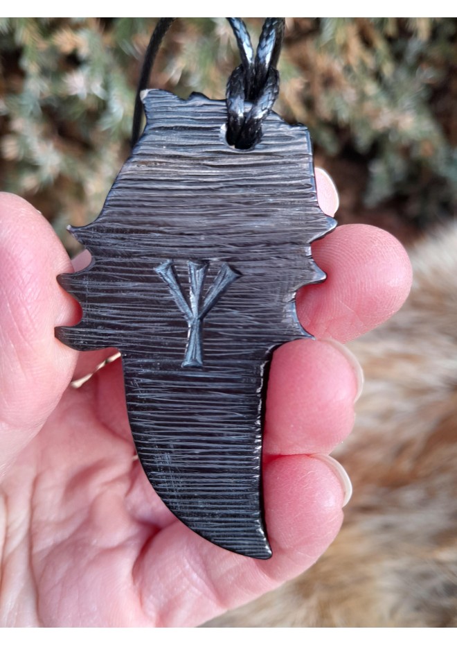 Scandinavian amulet: black raven with red eye and Algiz rune