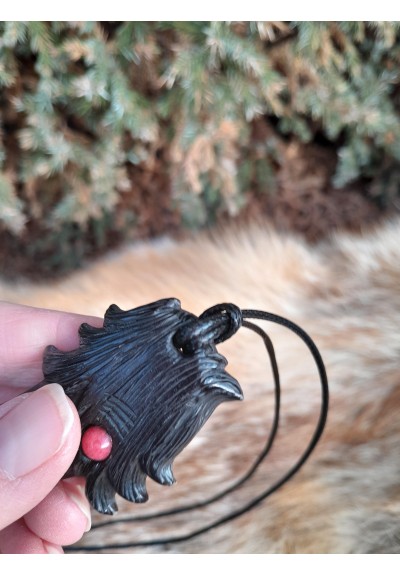 Hand-carved Viking black raven amulet with red eye and Algiz rune