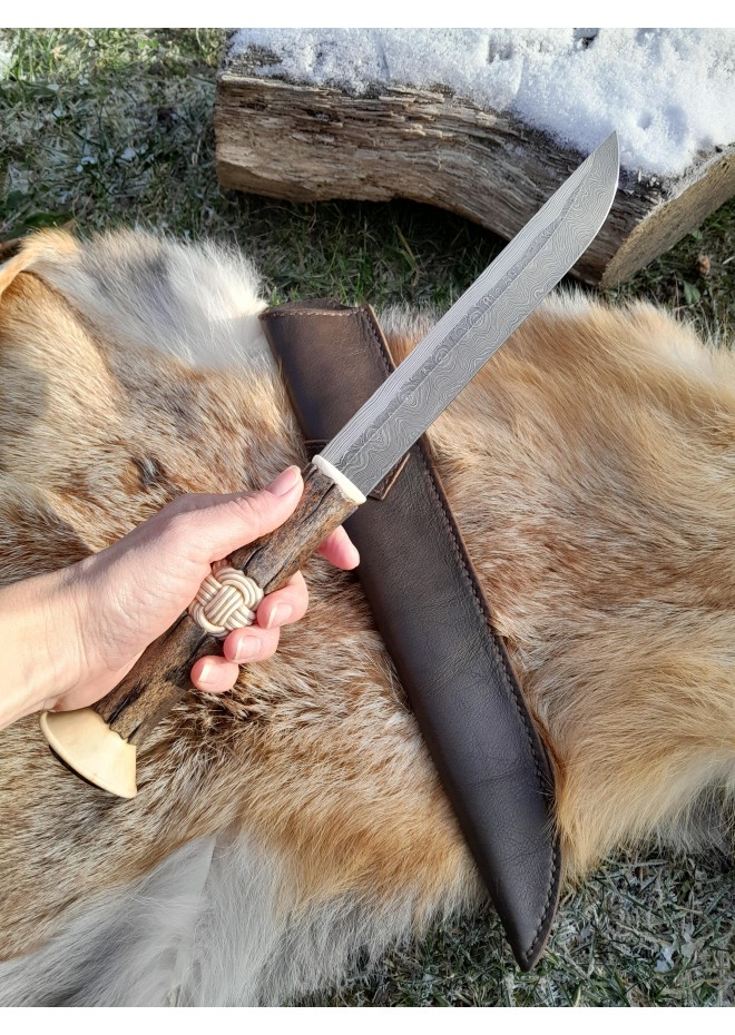 Handcrafted Viking seax with bone handle and Damascus steel