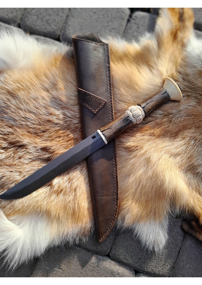 Handcrafted Viking seax with bone handle and Damascus steel