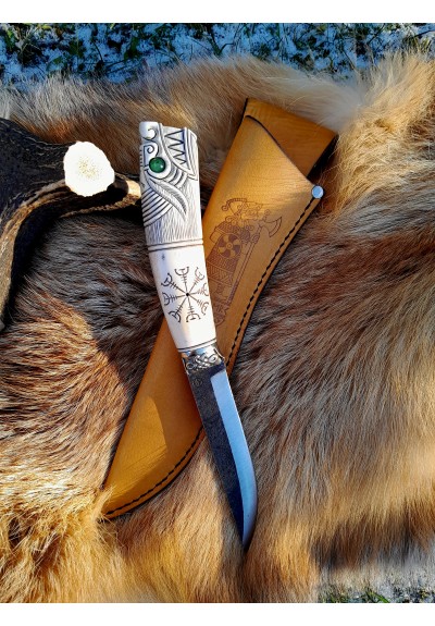 Handcrafted Viking knife with antler Wolf head handle