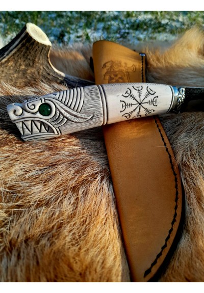 Handcrafted Viking knife with antler Wolf head handle