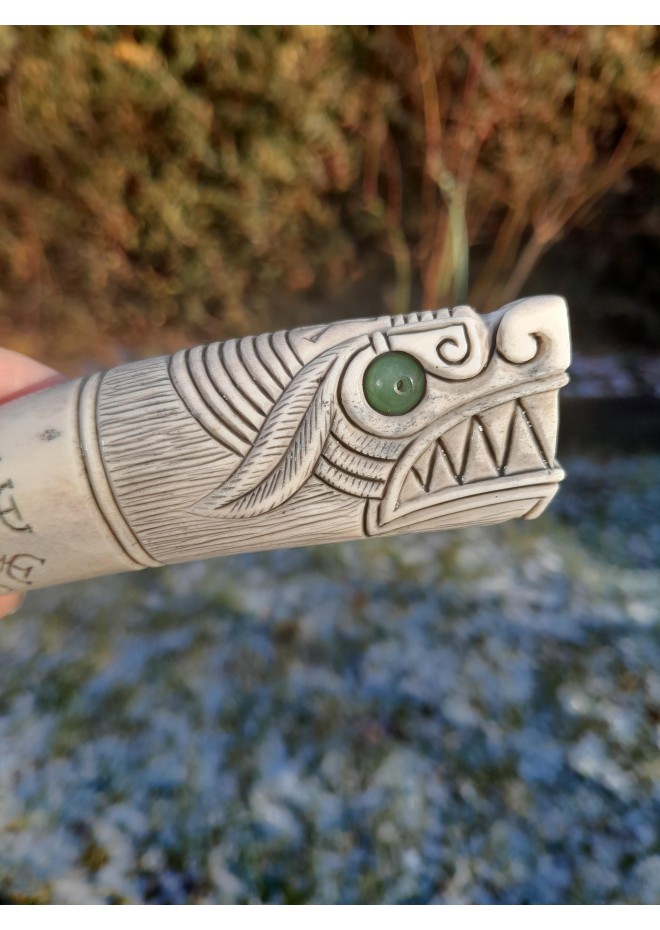 Custom Norse knife with wolf design and runes. Antler handle