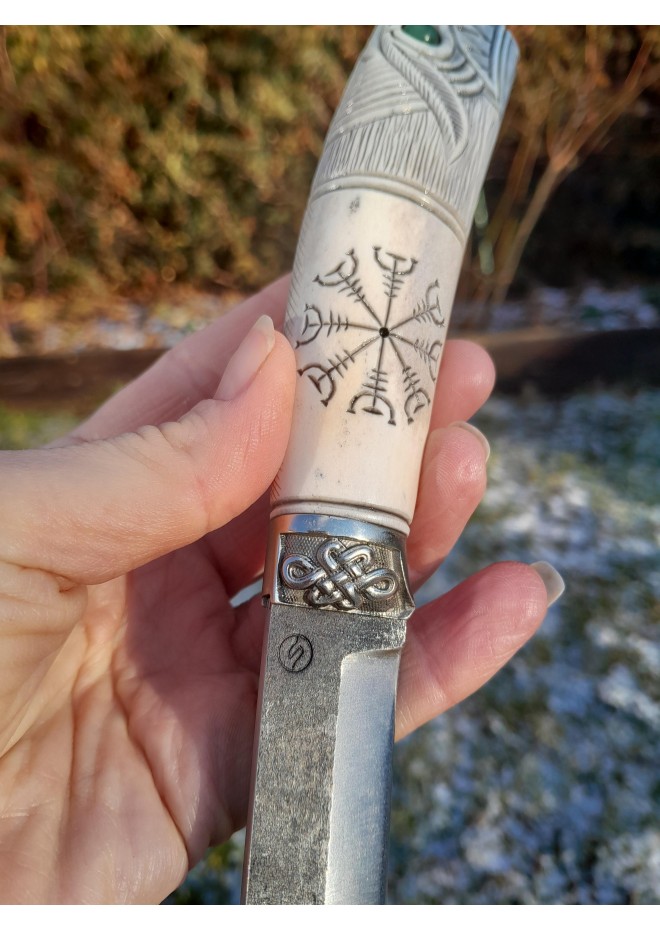 Custom Norse knife with wolf design and runes. Antler handle