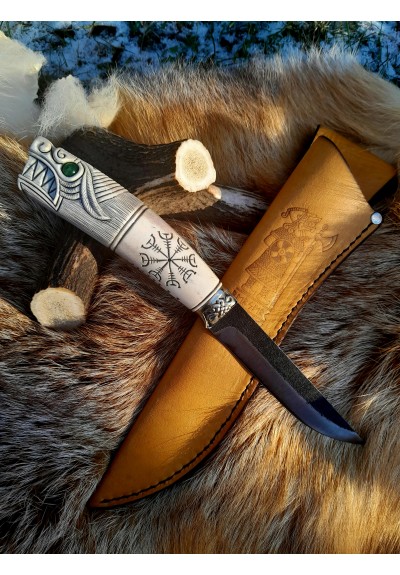 Handcrafted Viking knife with antler Wolf head handle