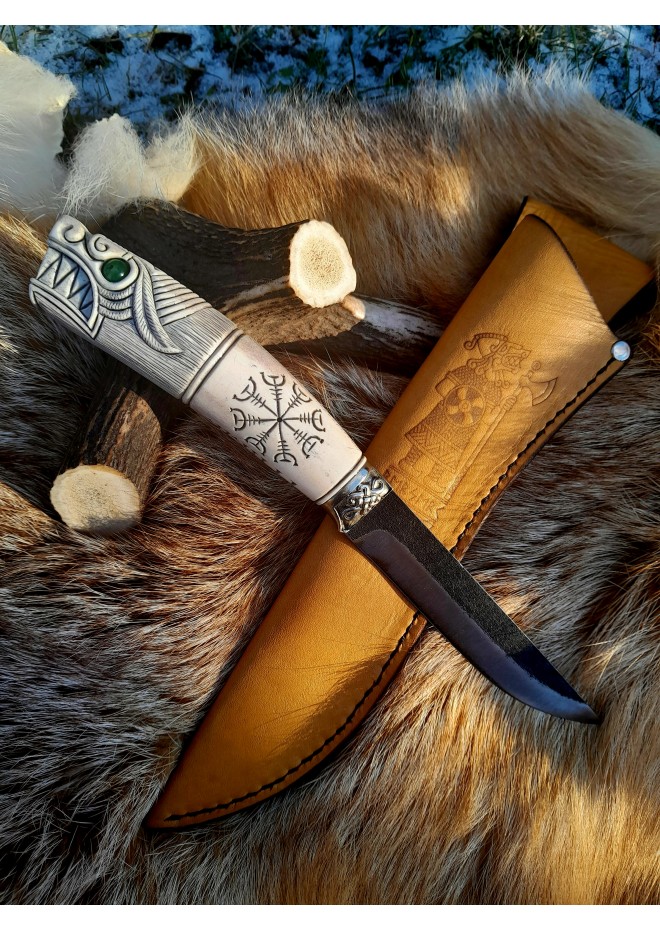 Custom Norse knife with wolf design and runes. Antler handle