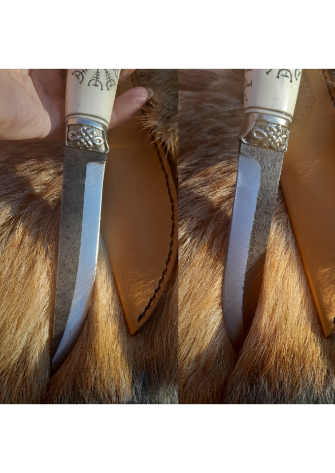 Custom Norse knife with wolf design and runes. Antler handle