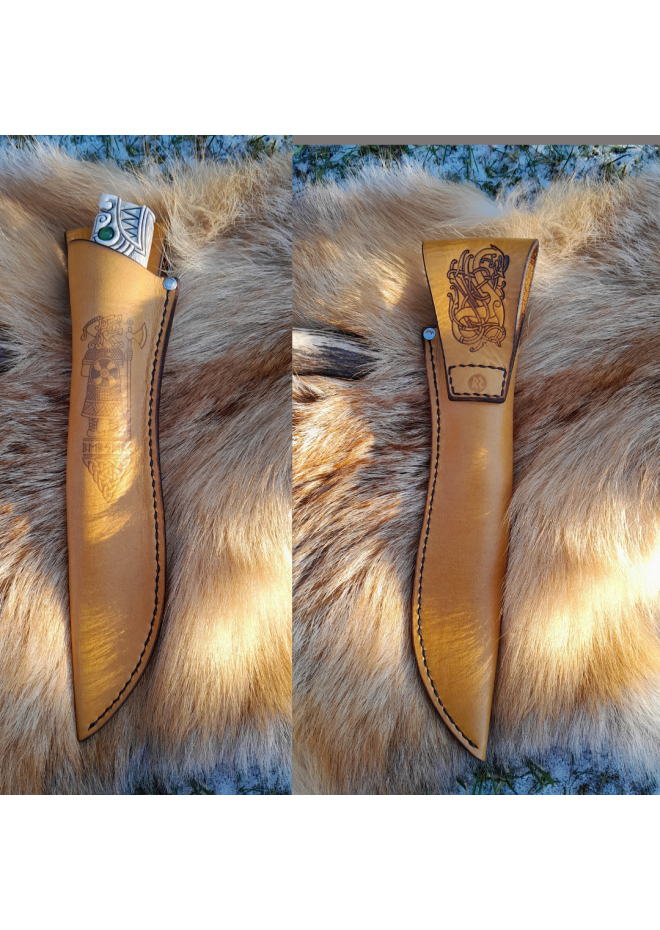 Custom Norse knife with wolf design and runes. Antler handle