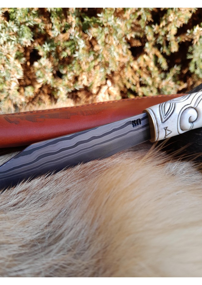 Handmade Norse seax "Raven of Odin". Antler carved handle