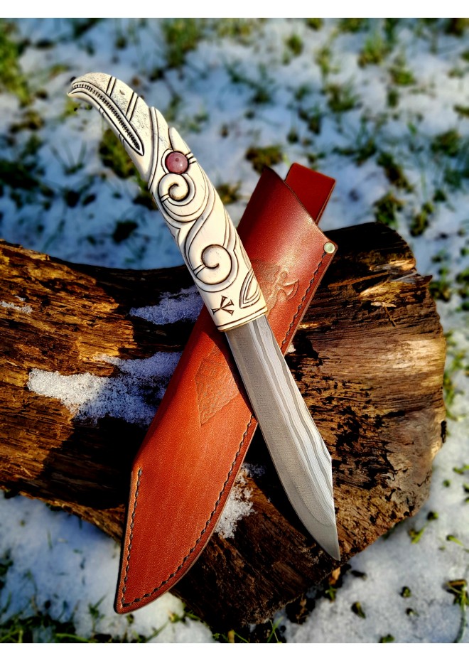 Handmade Norse seax "Raven of Odin". Antler carved handle