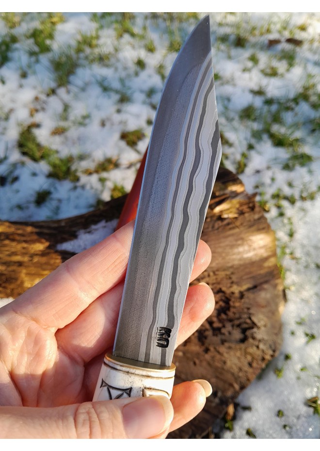 Handmade Norse seax "Raven of Odin". Antler carved handle