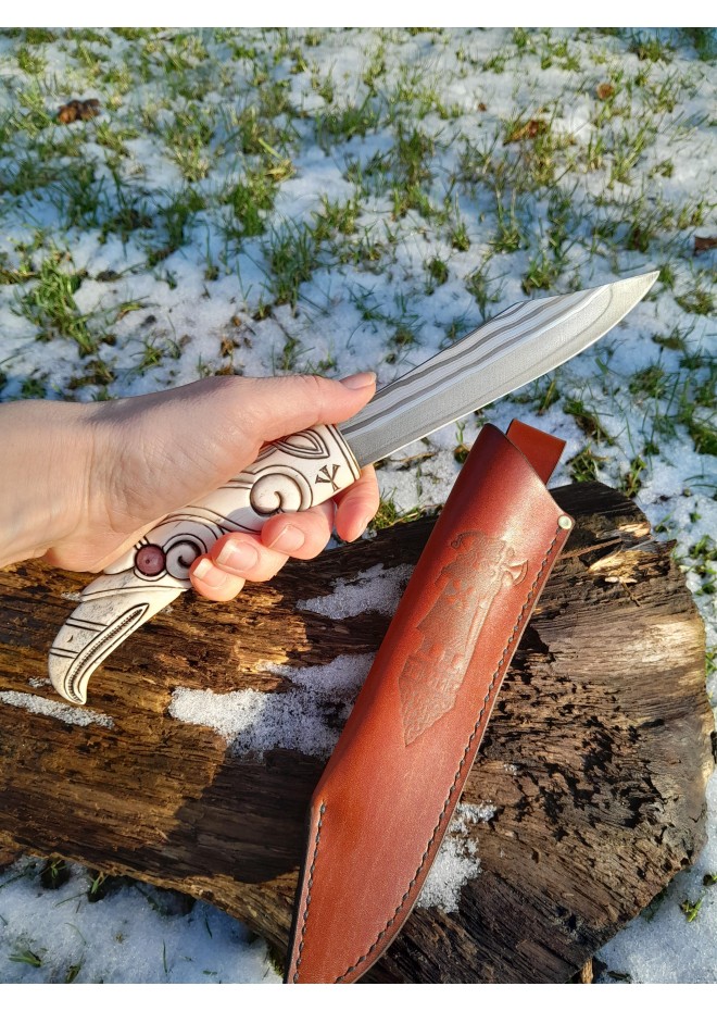 Handmade Norse seax "Raven of Odin". Antler carved handle