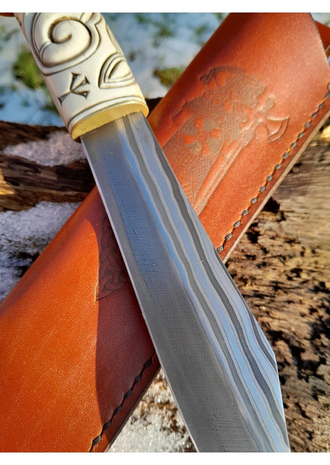 Handmade Norse seax "Raven of Odin". Antler carved handle