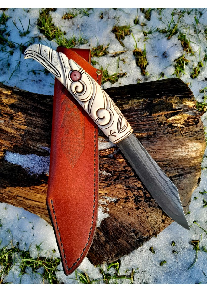 Handmade Norse seax "Raven of Odin". Antler carved handle