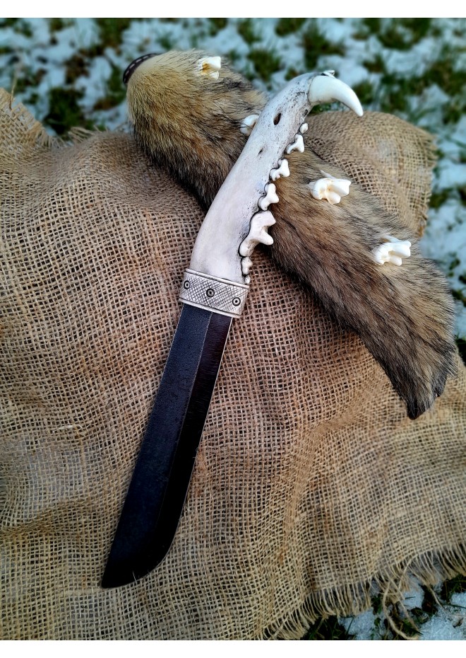 Nordic hunting knife with jaw bone handle & unique sheath